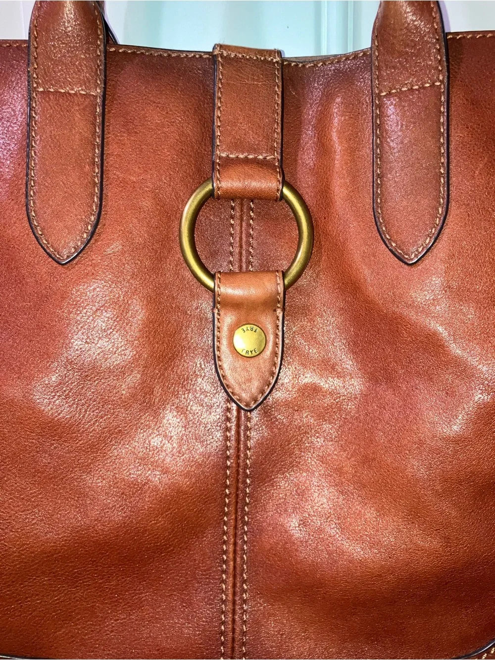 FRYE Leather Ring Tote Bag Women Large Shoulder Purse Cognac Brown Everyday